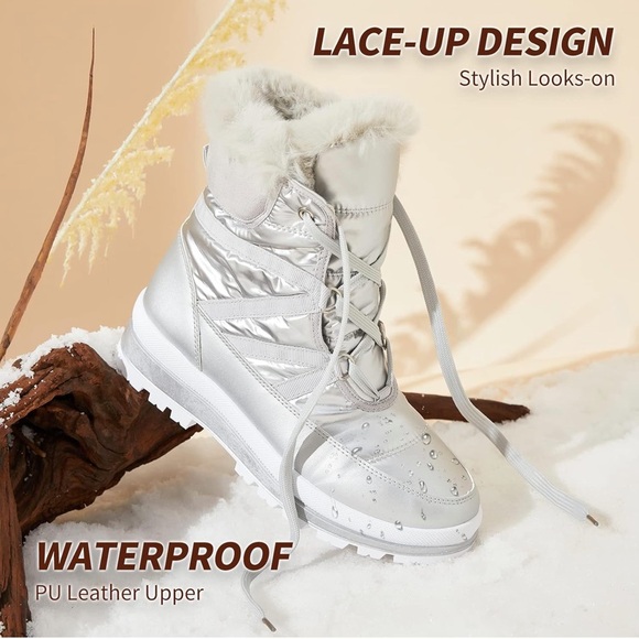 Warm Fur Lined Mid-Calf Boots Waterproof Winter Snow Boots Non-slip - Silver - Picture 3 of 6